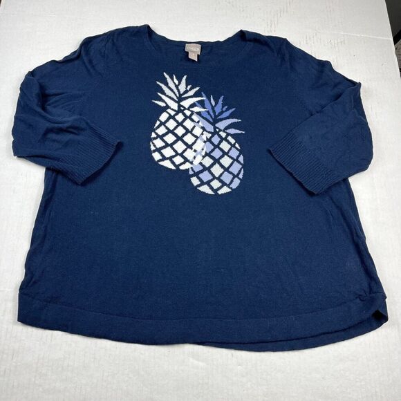 Chicos Intarsia Pineapple Print Sweater Blue 3/4 Sleeve Casual Pullover 3 XL - Picture 1 of 11